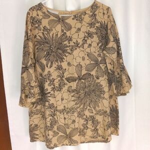 Bryn Walker Linen Tunic Top Womens Small Floral Oversized Lagenlook Neutral